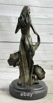 Collectible Statue of a Lily Girl in Bronze Art Deco Signed Moreau with Flowers