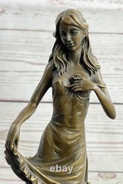 Collectible Statue of a Lily Girl in Bronze Art Deco Signed Moreau with Flowers
