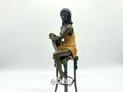 Colored Sculpture of a Lady on a Bar Stool Art Deco after Pierre Collinet