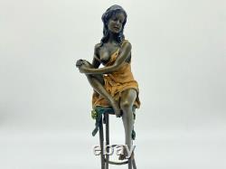 Colored Sculpture of a Lady on a Bar Stool Art Deco after Pierre Collinet