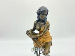 Colored Sculpture of a Lady on a Bar Stool Art Deco after Pierre Collinet