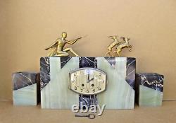 Complete clock set signed VOLTAS in bronze, marble, and onyx Art Deco