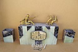 Complete clock set signed VOLTAS in bronze, marble, and onyx Art Deco