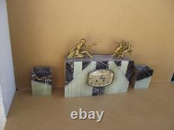 Complete clock set signed VOLTAS in bronze, marble, and onyx Art Deco