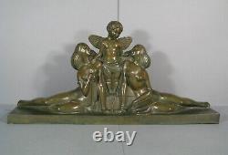 Cupid And Young Women Sculpture Art Deco Bronze Old Signed Delabassé