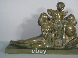 Cupid And Young Women Sculpture Art Deco Bronze Old Signed Delabassé