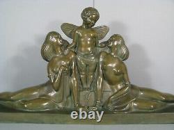 Cupid And Young Women Sculpture Art Deco Bronze Old Signed Delabassé