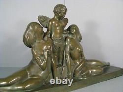 Cupid And Young Women Sculpture Art Deco Bronze Old Signed Delabassé