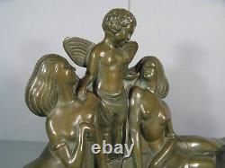 Cupid And Young Women Sculpture Art Deco Bronze Old Signed Delabassé