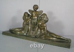 Cupid And Young Women Sculpture Art Deco Bronze Old Signed Delabassé