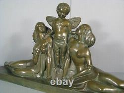 Cupid And Young Women Sculpture Art Deco Bronze Old Signed Delabassé