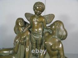 Cupid And Young Women Sculpture Art Deco Bronze Old Signed Delabassé