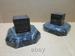DELANNOY pair of patinated bronze inkwells on green marble bases ART DECO
