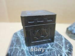 DELANNOY pair of patinated bronze inkwells on green marble bases ART DECO