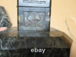 DELANNOY pair of patinated bronze inkwells on green marble bases ART DECO