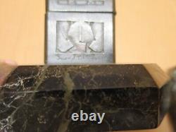 DELANNOY pair of patinated bronze inkwells on green marble bases ART DECO