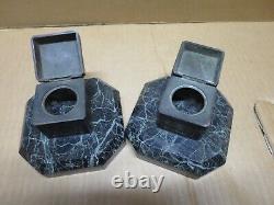 DELANNOY pair of patinated bronze inkwells on green marble bases ART DECO