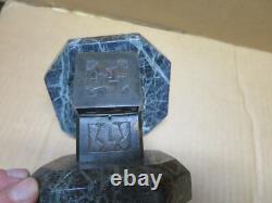 DELANNOY pair of patinated bronze inkwells on green marble bases ART DECO