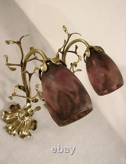 Daum Nancy Pair Of Appliques In Bronze And Tulip Signed Glass Paste