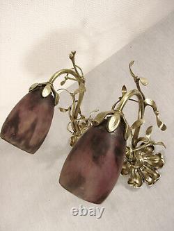 Daum Nancy Pair Of Appliques In Bronze And Tulip Signed Glass Paste