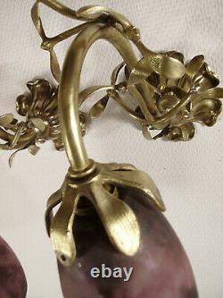 Daum Nancy Pair Of Appliques In Bronze And Tulip Signed Glass Paste