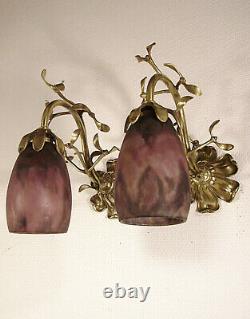 Daum Nancy Pair Of Appliques In Bronze And Tulip Signed Glass Paste