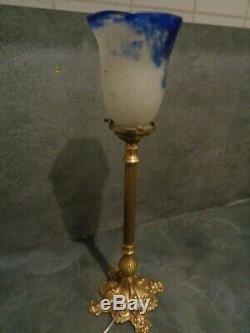 Deco Lamp Foot Bronze Art And Tulip Glass Paste Signed Noverdy