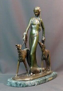 E 1930 Otto Poertzel Woman With Barzoïs Art Deco Statue Bronze Sculpture 9.5kg40c