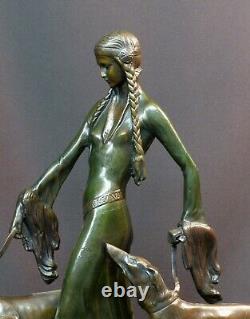 E 1930 Otto Poertzel Woman With Barzoïs Art Deco Statue Bronze Sculpture 9.5kg40c