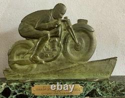 Edouard Fraisse Bronze Art Deco Biker Signed Green Patina Trophy
