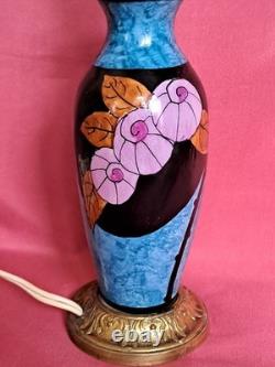Elegant antique blue ceramic and bronze lamp base with floral Art Deco decoration, rare