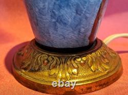 Elegant antique blue ceramic and bronze lamp base with floral Art Deco decoration, rare