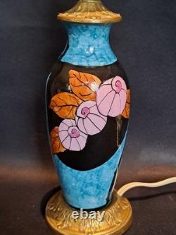 Elegant antique blue ceramic and bronze lamp base with floral Art Deco decoration, rare