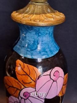 Elegant antique blue ceramic and bronze lamp base with floral Art Deco decoration, rare
