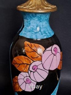 Elegant antique blue ceramic and bronze lamp base with floral Art Deco decoration, rare