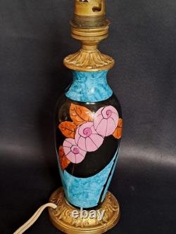 Elegant antique blue ceramic and bronze lamp base with floral Art Deco decoration, rare