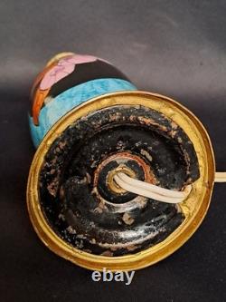 Elegant antique blue ceramic and bronze lamp base with floral Art Deco decoration, rare