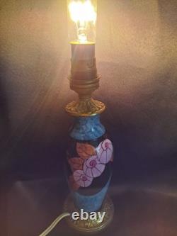 Elegant antique blue ceramic and bronze lamp base with floral Art Deco decoration, rare