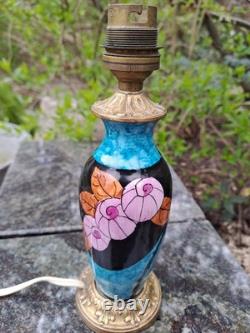 Elegant antique blue ceramic and bronze lamp base with floral Art Deco decoration, rare