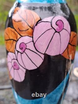 Elegant antique blue ceramic and bronze lamp base with floral Art Deco decoration, rare