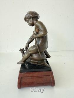 Émile Picault Bronze Boy Riding Snail Sculpture Base Art Deco Art Nouveau France