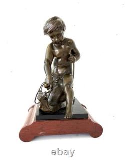 Émile Picault Bronze Boy Riding Snail Sculpture Base Art Deco Art Nouveau France