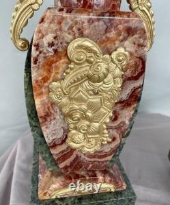Empty-pocket vases, Art Deco garniture, gilt bronze, Persian red marble