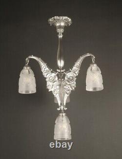 Ets L. Eliot's Art Deco Bronze Silvered and Molded-Pressed Glass Chandelier