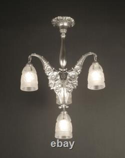 Ets L. Eliot's Art Deco Bronze Silvered and Molded-Pressed Glass Chandelier