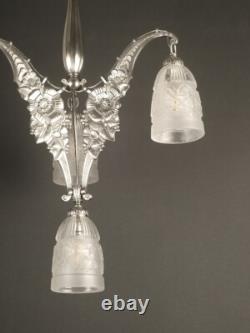 Ets L. Eliot's Art Deco Bronze Silvered and Molded-Pressed Glass Chandelier
