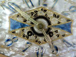 Exceptional Art Deco Clock 1930 Mother-of-pearl, Enamels, Bronze, Marble. Set Clock