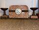 Fireplace Accessories - Clock - Pink Marble Clock Set, Art Deco Bronze
