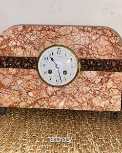 Fireplace accessories - clock - pink marble clock set, art deco bronze