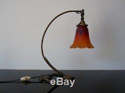 Foot Bronze Lamp, Old Tulip Glass Paste Signed Schneider